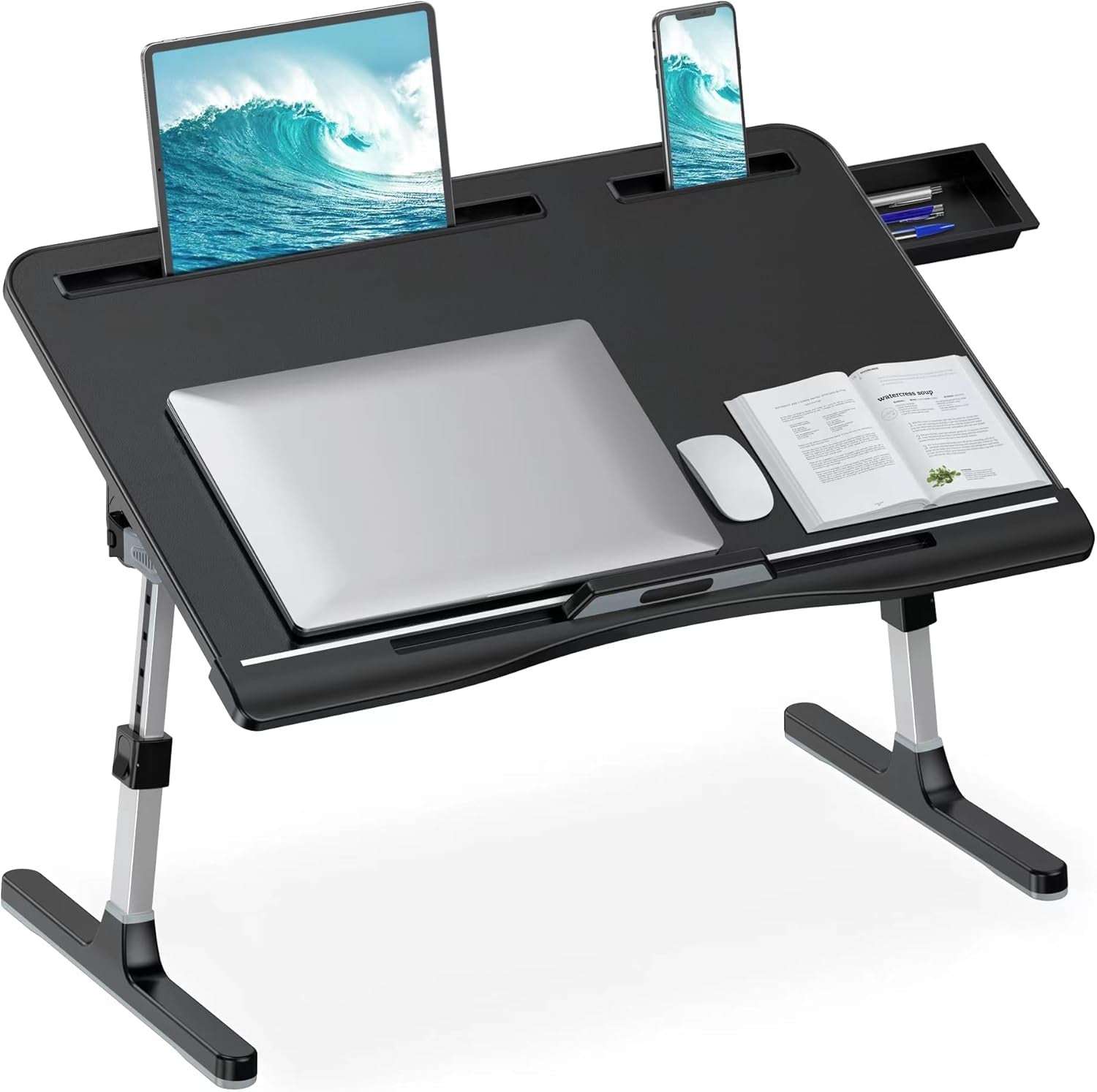 Laptop Stand for Bed, Adjustable Leather Bed Desk with Foldable Legs, X-Large Laptop Bed Table Tray with Drawer for Bed Couch Floor Writing Working Reading Eating Painting (Black, 23.6"×15.7")