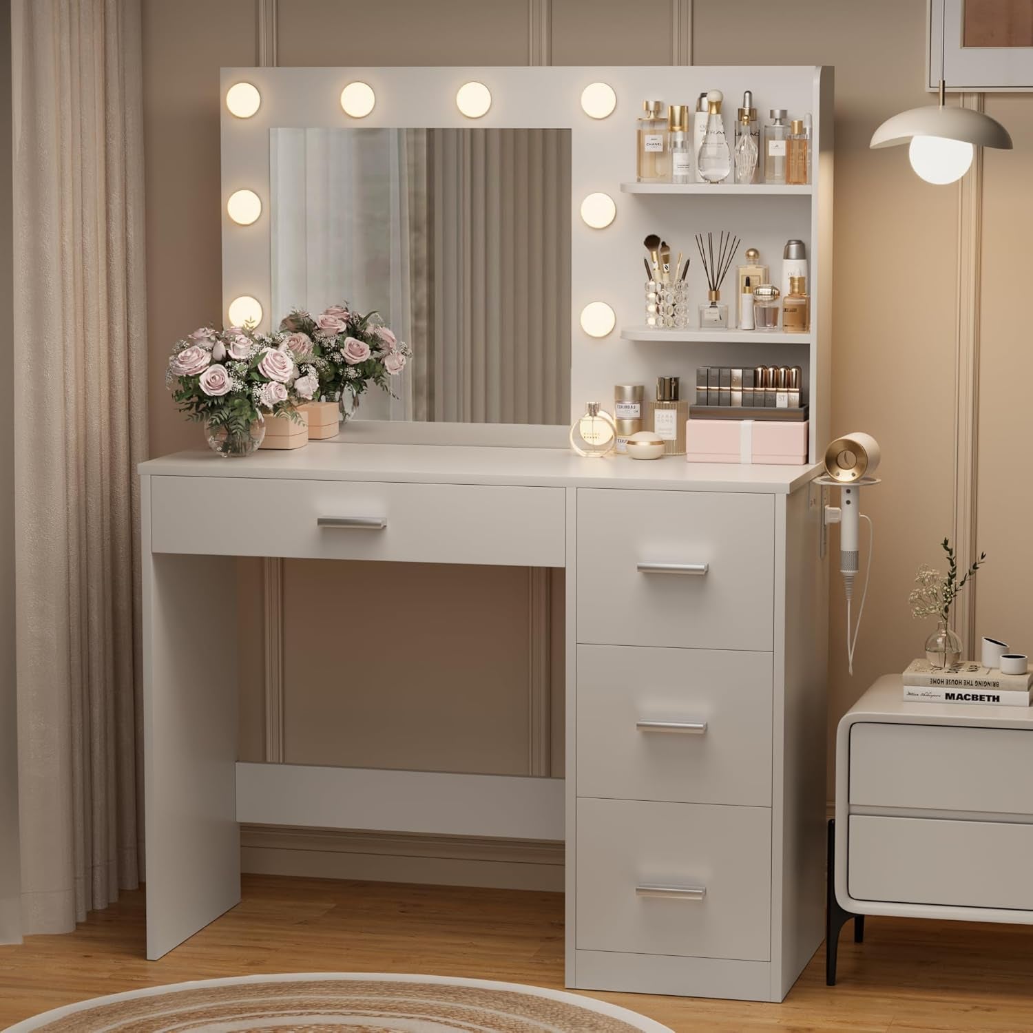 Vanity Desk with Mirror, 10 Lights, Power Outlet and 3 Storage Shelves, Makeup Table with 4 Drawers, 3 Color Modes, for Bedroom, White
