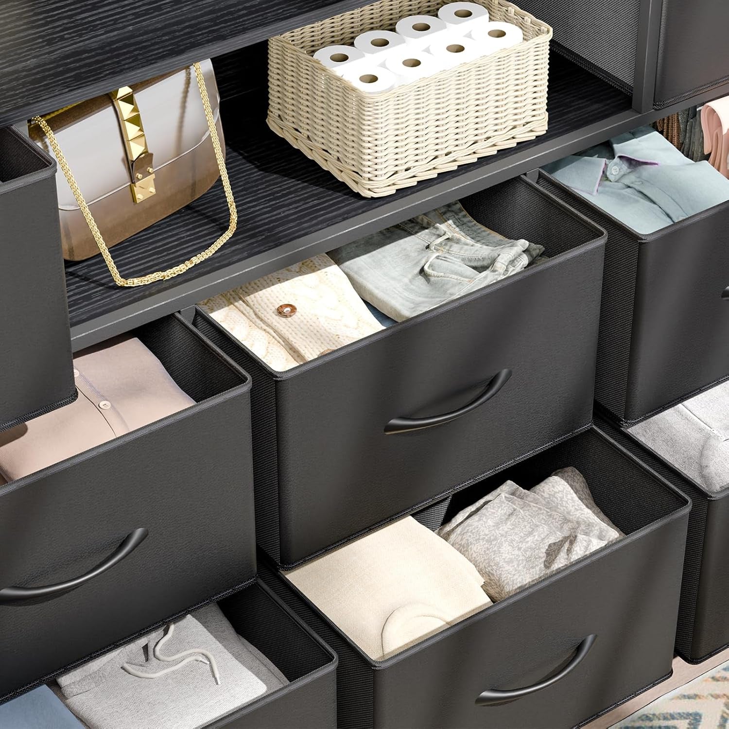 Dresser for Bedroom TV Stand for 55 Inch TV with Charging Station and LED Light, Fabric Chest of Drawers, 8 Drawer Kids Dressers for Boys Bedroom, Living Room, Closet (Black)