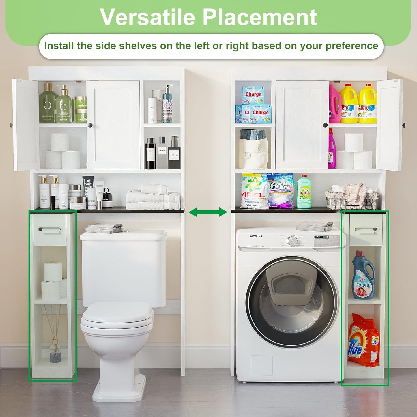Over the Toilet Storage Cabinet with 7 Shelves, Imitation Walnut Grain above Toilet Bathroom Organizer with Toilet Paper Holder Stand, Space Saver for Restroom, Bathroom, Laundry (White)