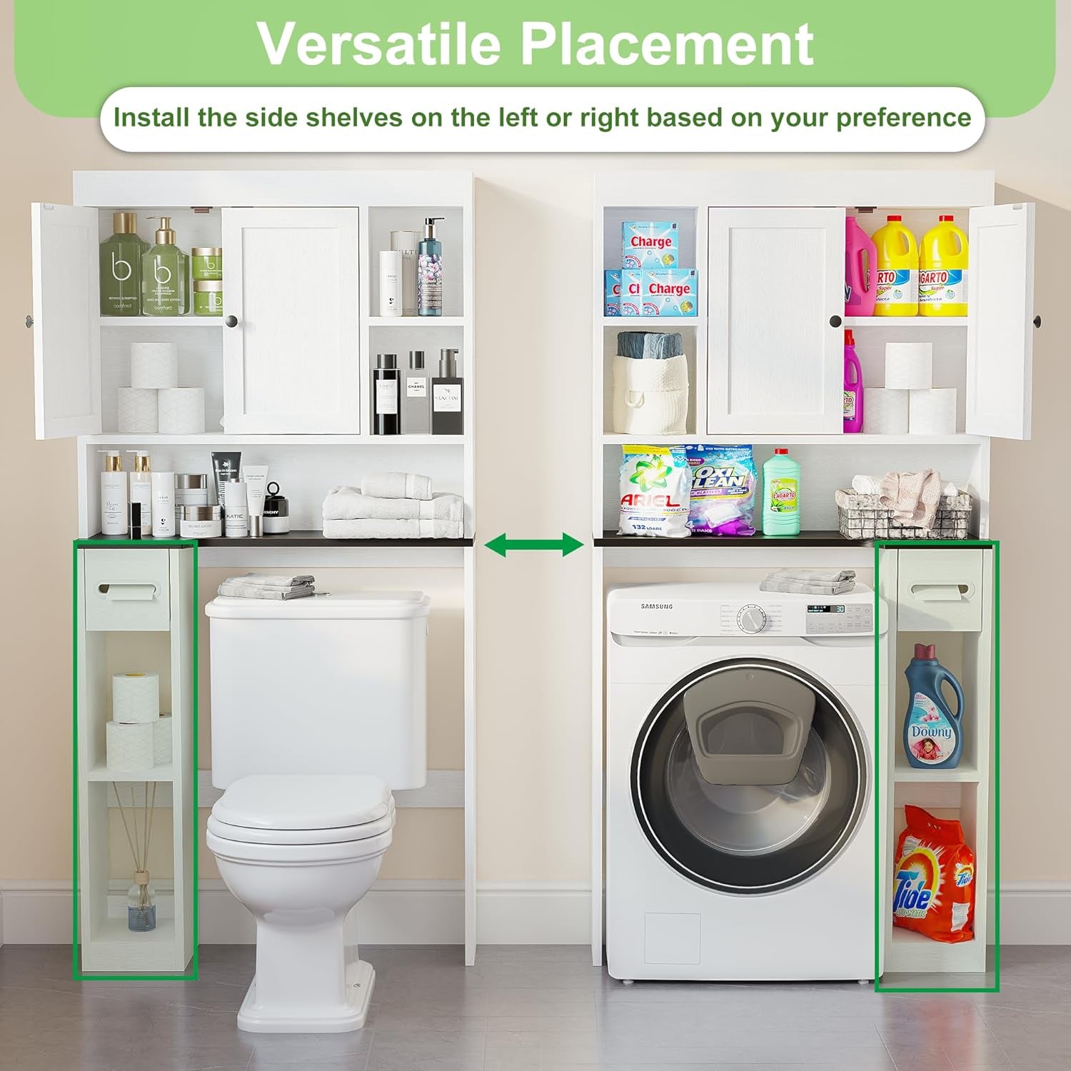 Over the Toilet Storage Cabinet with 7 Shelves, Imitation Walnut Grain above Toilet Bathroom Organizer with Toilet Paper Holder Stand, Space Saver for Restroom, Bathroom, Laundry (White)