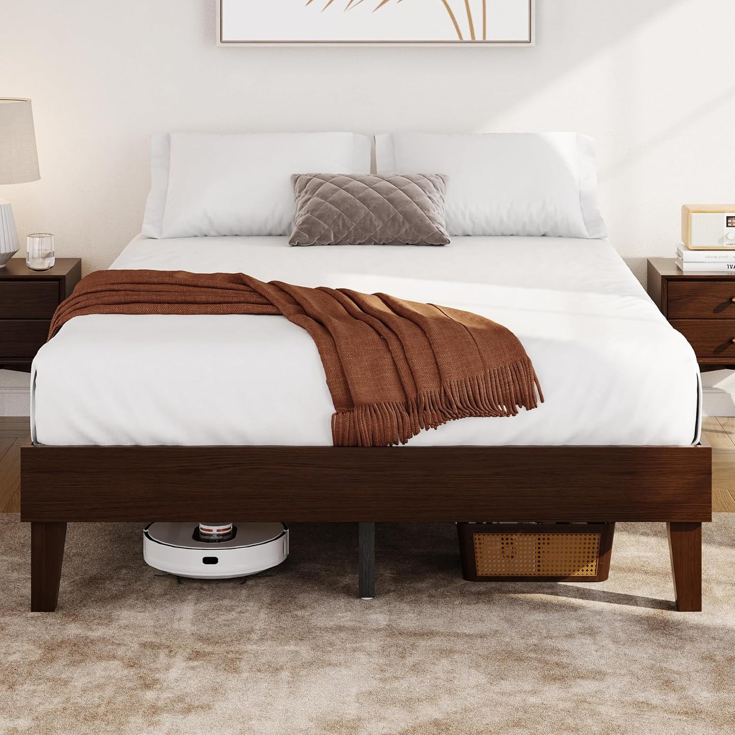 Queen Bed Frame Natural Solid Wood Platform Bed with Wooden Slats Support, 12-Inch Underbed Space for Storage, Noise-Free Design, Easy Assembly, Dark Walnut Finish