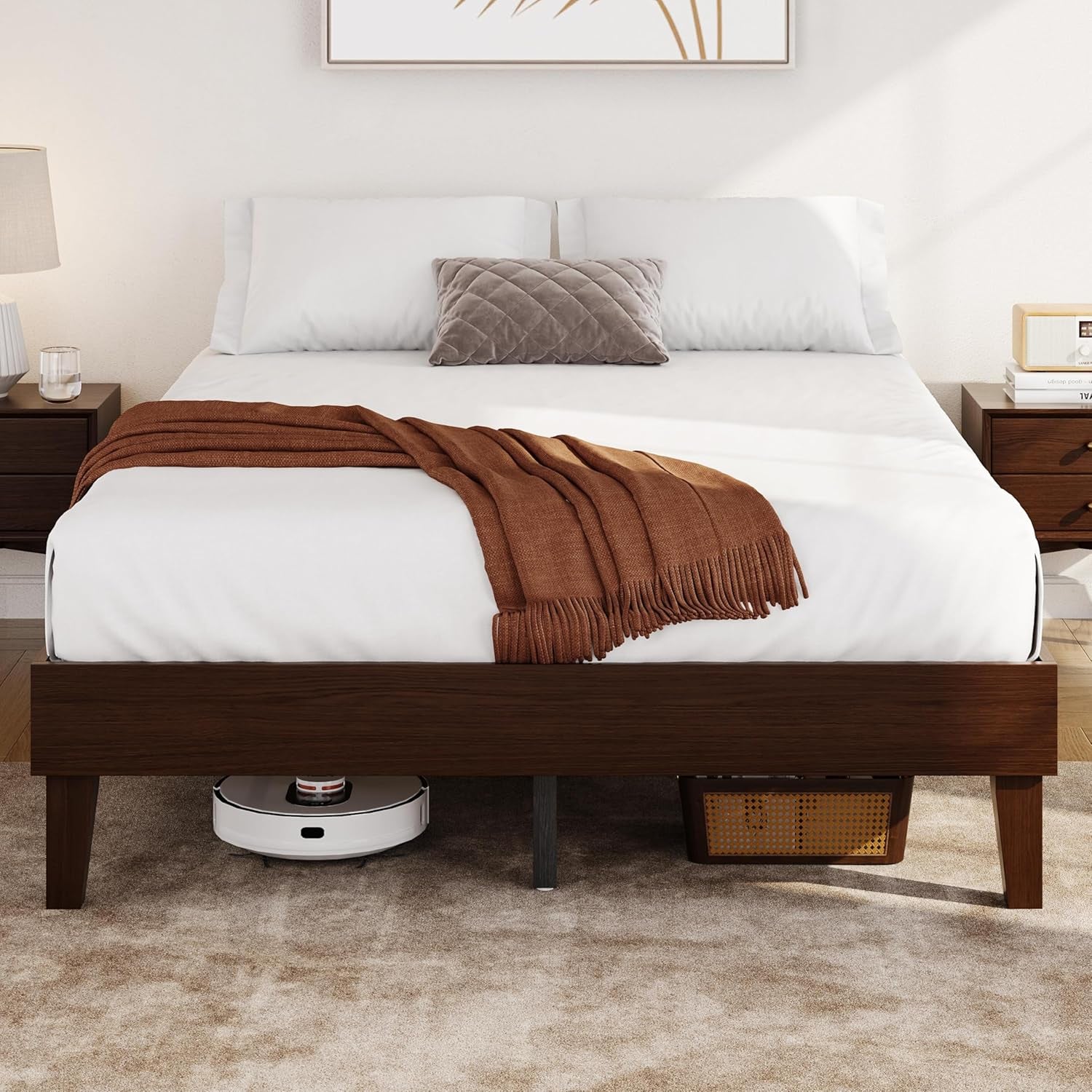 Queen Bed Frame Natural Solid Wood Platform Bed with Wooden Slats Support, 12-Inch Underbed Space for Storage, Noise-Free Design, Easy Assembly, Dark Walnut Finish