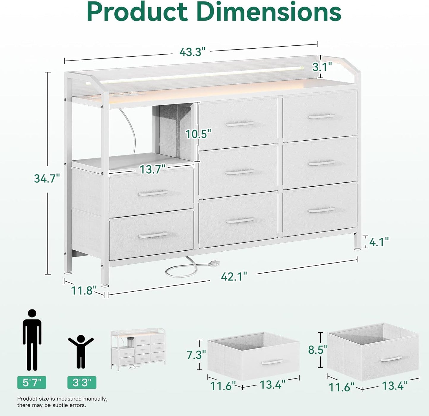 White Dresser for Bedroom with Light Strip & Power Outlet — 8 Drawers Dressers & Chest of Drawers with Shelf, Wood Top, Metal Frame, Wide Dressers for Girls Bedroom, Living Room, Hallway, Closet