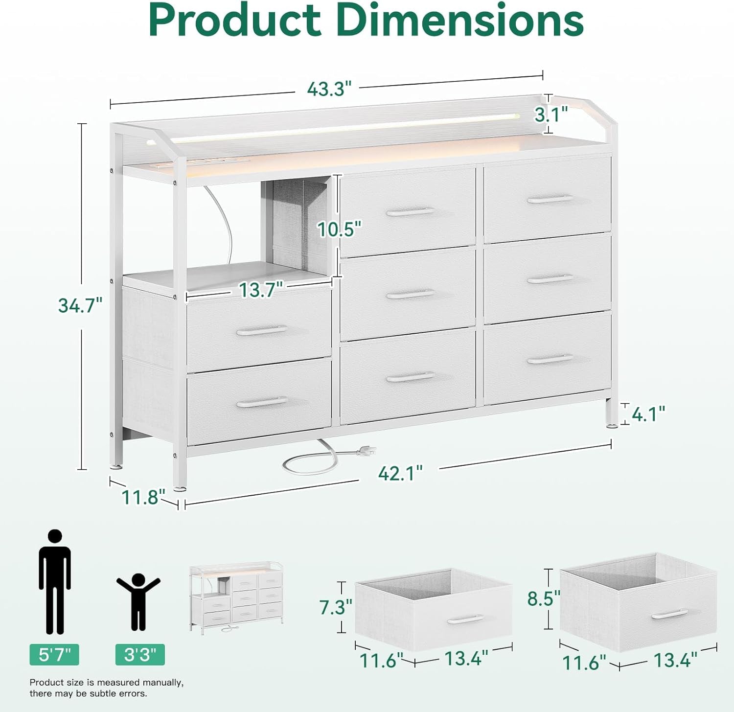 White Dresser for Bedroom with Light Strip & Power Outlet — 8 Drawers Dressers & Chest of Drawers with Shelf, Wood Top, Metal Frame, Wide Dressers for Girls Bedroom, Living Room, Hallway, Closet