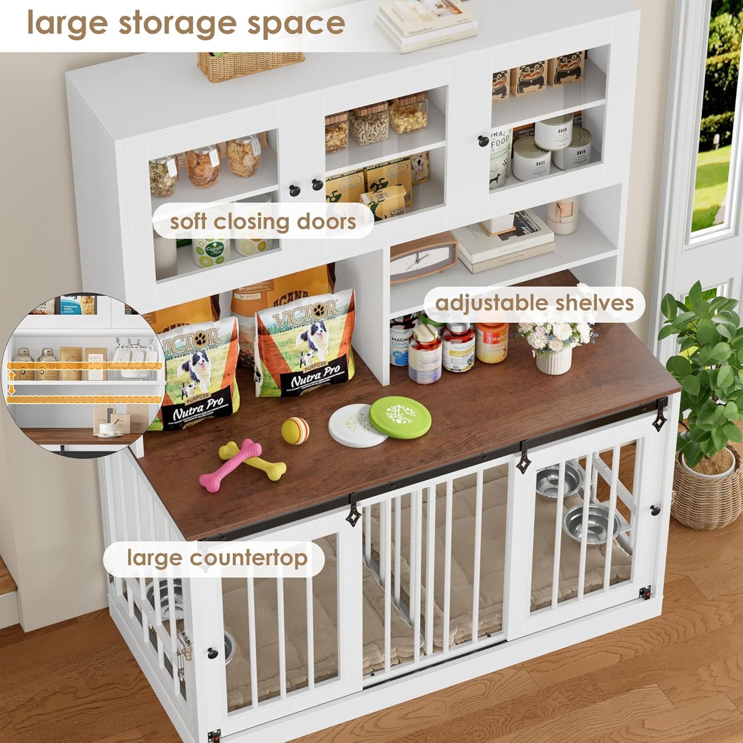 71"H X 55"L Large Dog Crate Furniture with Hutch Shelf and Glass Door, Indoor Dog Kennel with Divider and Feeding Bowls for Large Dogs 2 Pets, Heavy Duty Dog Cage Pet House with 4 Doors, White