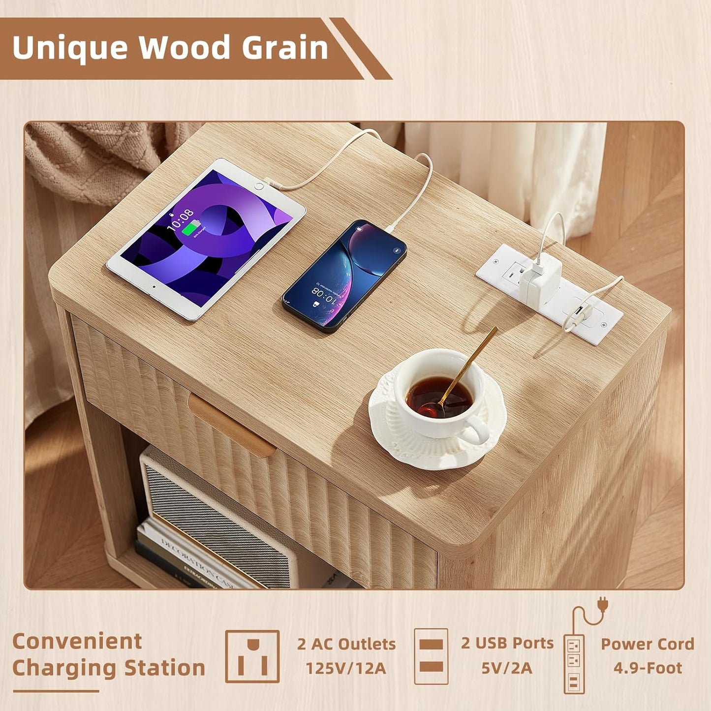 Fluted Farmhouse Nightstand Set of 2 with Charging Station, 23" Wide 1 Drawers End Table,Natural Dresser for Bedroom,Bed Side Table Chest of Drawers Cabinet,Wood Night Stand for Living Room