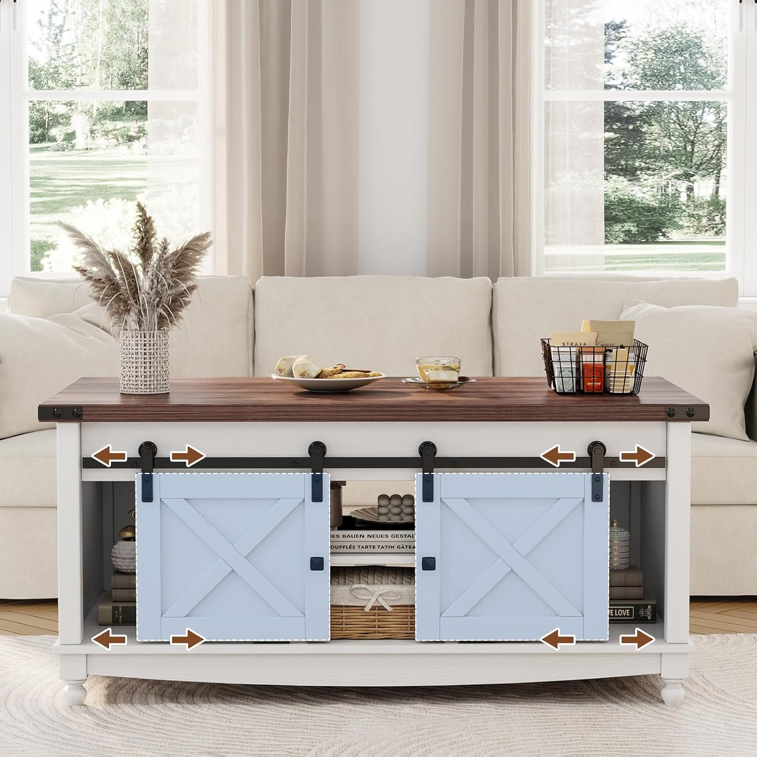 48" Farmhouse Lift Top Coffee Table with Storage Sliding Barn Door & Large Hidden Compartment, Coffee Table with Lifting Top with Wooden Lift Tabletop, Coffee Tables for Living Room, White