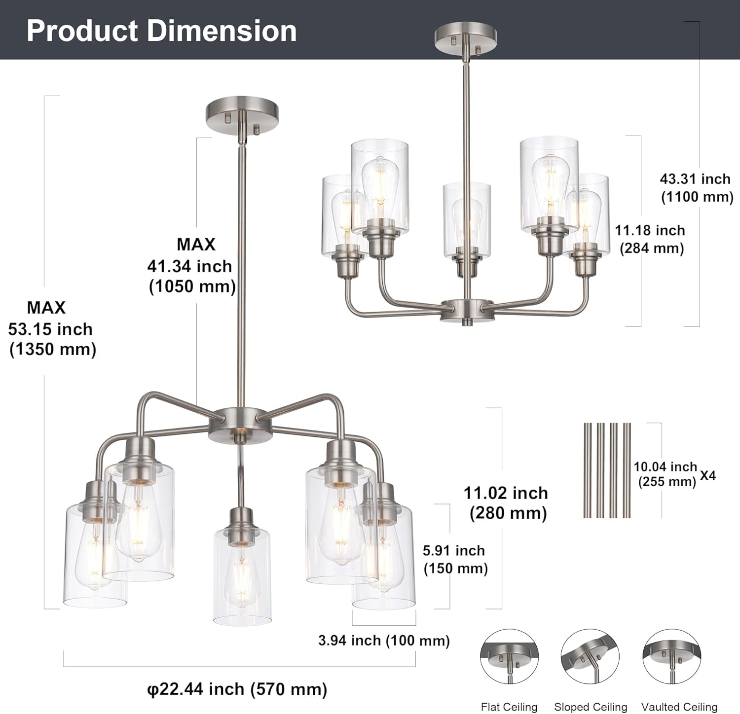 5-Light Brushed Nickel Chandelier with Clear Glass Shades, E26 Base Modern Pendant Light Fixture, Adjustable Swivel Heads Ceiling Lighting, Farmhouse Chandelier for Dining Room Kitchen Hallway