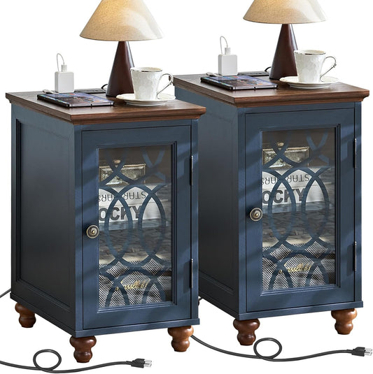 Narrow Side Table with Charging Station Set of 2, Night Stand with Glass Door,Bedside End Tables with Adjustable Shelf Storage Cabinet,Wood Nightstand for Small Spaces Living Room Bedroom