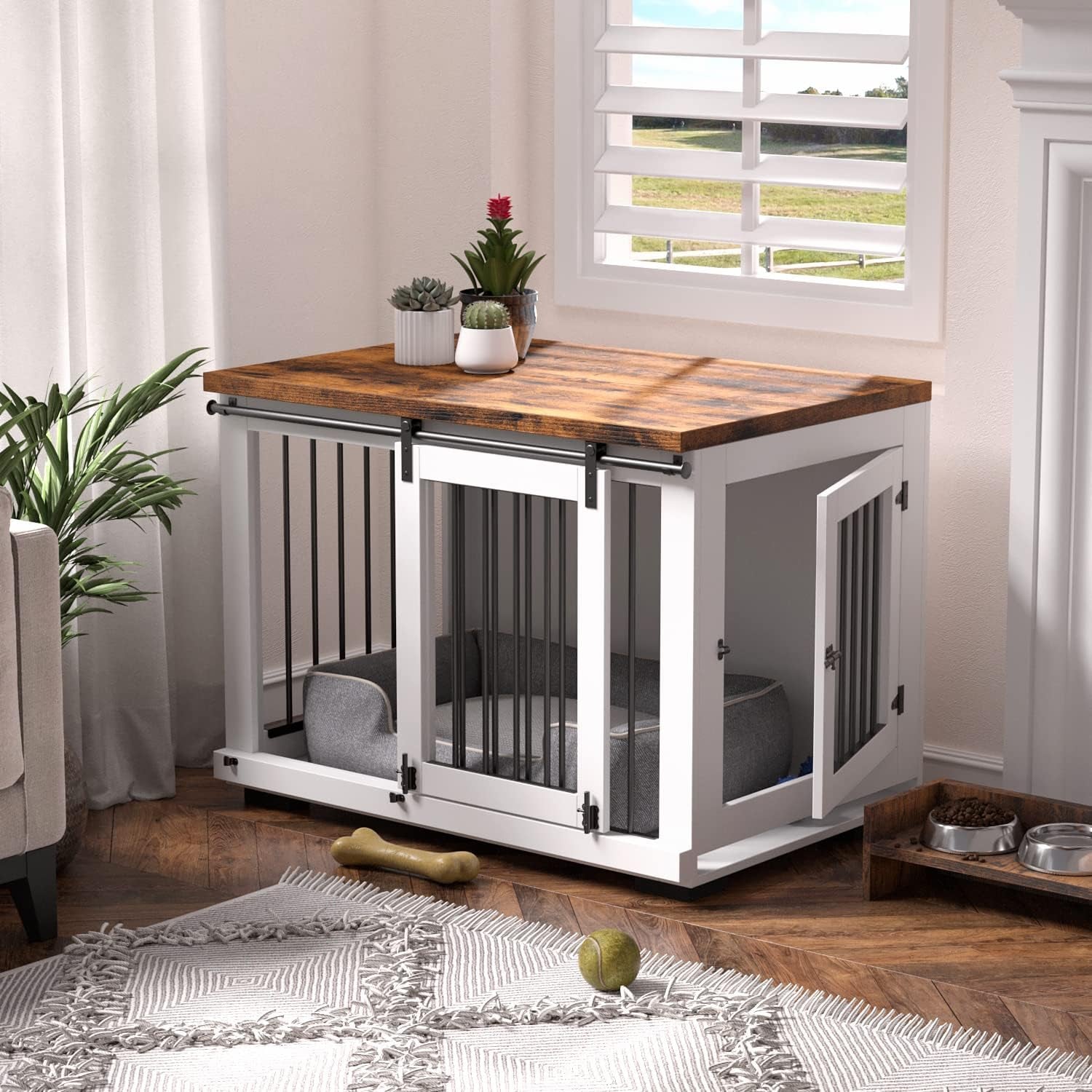 Dog Crate Furniture for Large Dogs up to 60 Lbs. - Barn Door Puppy Kennel W/Thickened Farmhouse Top & Metal Bars - 37'' Wide - White Decorative Modern Dog Crate Table, End Table, Nightstand