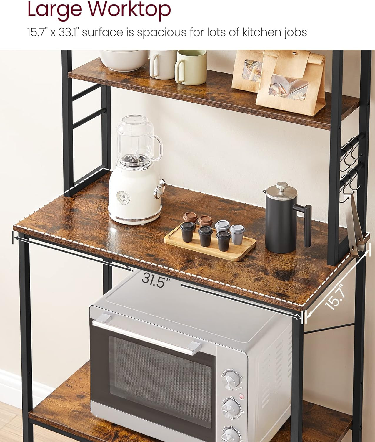 Coffee Bar, 31.5 Inches Baker'S Rack for Kitchen with Storage, 6-Tier Kitchen Shelves with 6 Hooks, Microwave Stand, Industrial, Rustic Brown and Ink Black UKKS019B01