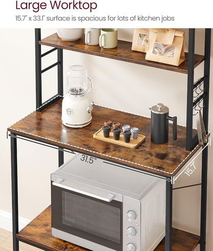 Coffee Bar, 31.5 Inches Baker'S Rack for Kitchen with Storage, 6-Tier Kitchen Shelves with 6 Hooks, Microwave Stand, Industrial, Rustic Brown and Ink Black UKKS019B01