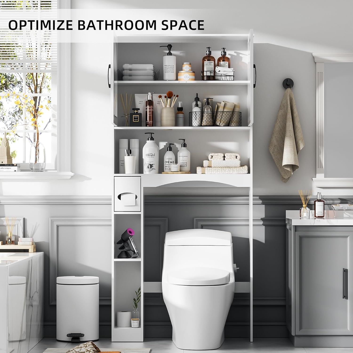 Over the Toilet Storage Cabinet, Bathroom Organizer over Toilet with Glass Doors, Storage Organizer Cabinet with Anti-Tip Device and Adjustable Shelf for Bathroom, White