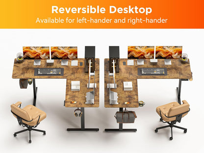 63X55 Inches Reversible L Shaped Standing Desk Height Adjustable with Cup Holder, Electric Corner Computer Desk, Sit Stand up Home Office Desk, Ergonomic Gaming Desk, Rustic Brown