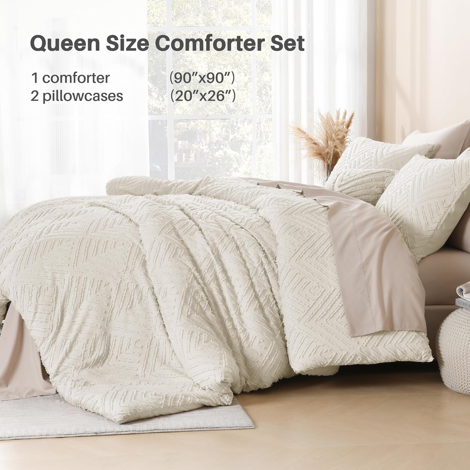 Queen Comforter Set Beige, 3 Pieces Cream Tufted Boho Farmhouse Bedding Comforter Sets, Lightweight Fluffy Comforter Bed Set for All Season (90X90In Comforter and 2 Pillowcases)