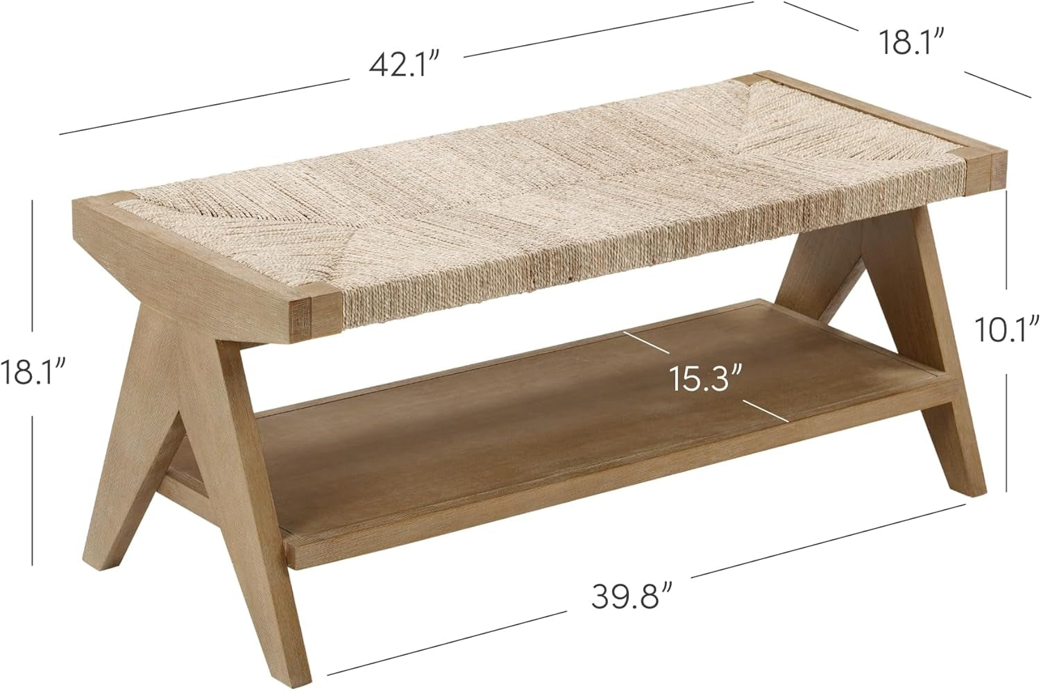 Beacon Bohemian Bench Seat with Shoe Storage, Seagrass Entryway or End of Bed Bench with Solid Wood Frame, Brushed Light Brown