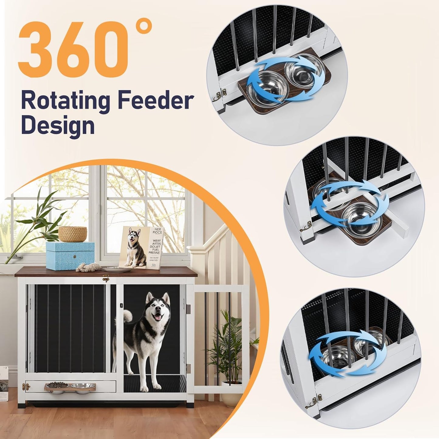 Dog Crate - 39.4" Dog Kennel Furniture with 360° Rotating Feeder & Removable Tray | Versatile Indoor Dog Cage End Table for Medium & Large Dogs, White Wooden Dog Crates for Living Room