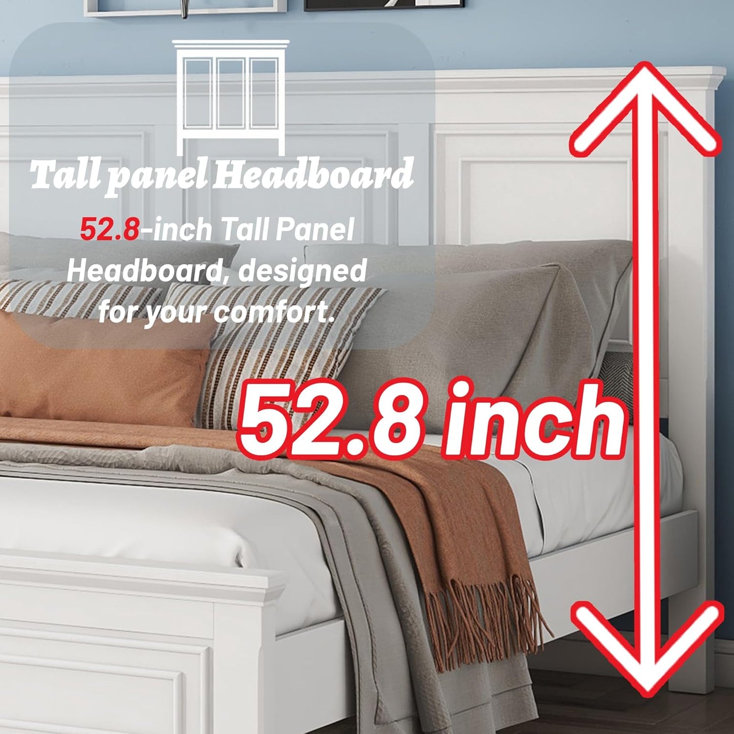 King Size Bed Frame Farmhouse Style, Tall Headboard King Bed Frame with Footboard, Pinewood Antique Beds, Farmhouse Style, Noise-Free, No Box Spring Needed, White