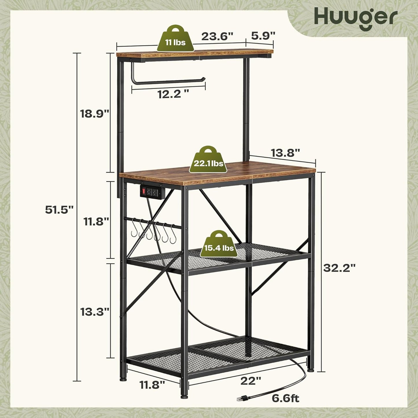 4-Tier Bakers Rack with Reversible Power Outlet, 23.6 Inch Microwave Stand, Kitchen Coffee Bar, with Top Shelf, 6 S Hooks, Rustic Brown