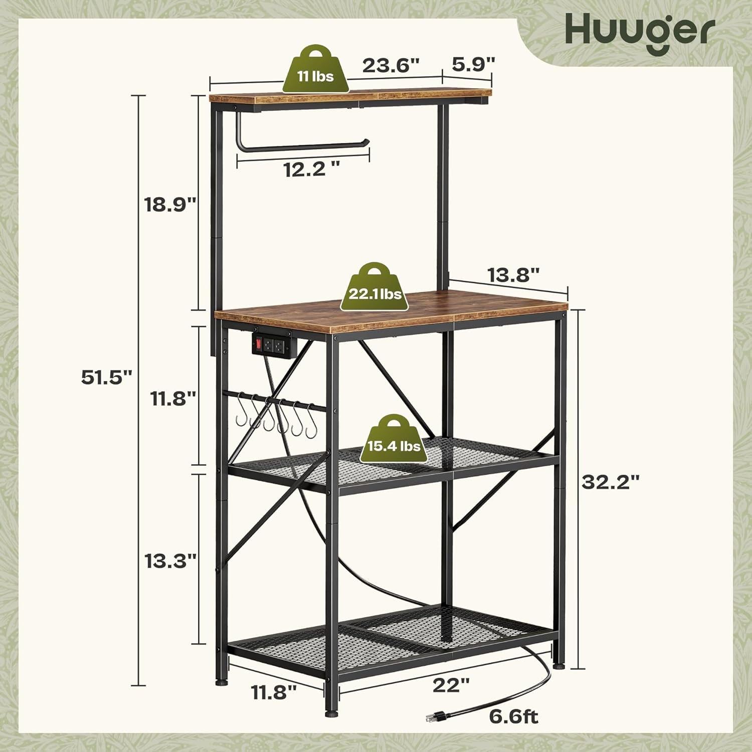 4-Tier Bakers Rack with Reversible Power Outlet, 23.6 Inch Microwave Stand, Kitchen Coffee Bar, with Top Shelf, 6 S Hooks, Rustic Brown