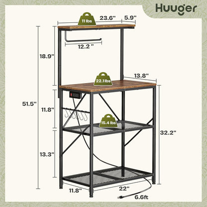 4-Tier Bakers Rack with Reversible Power Outlet, 23.6 Inch Microwave Stand, Kitchen Coffee Bar, with Top Shelf, 6 S Hooks, Rustic Brown