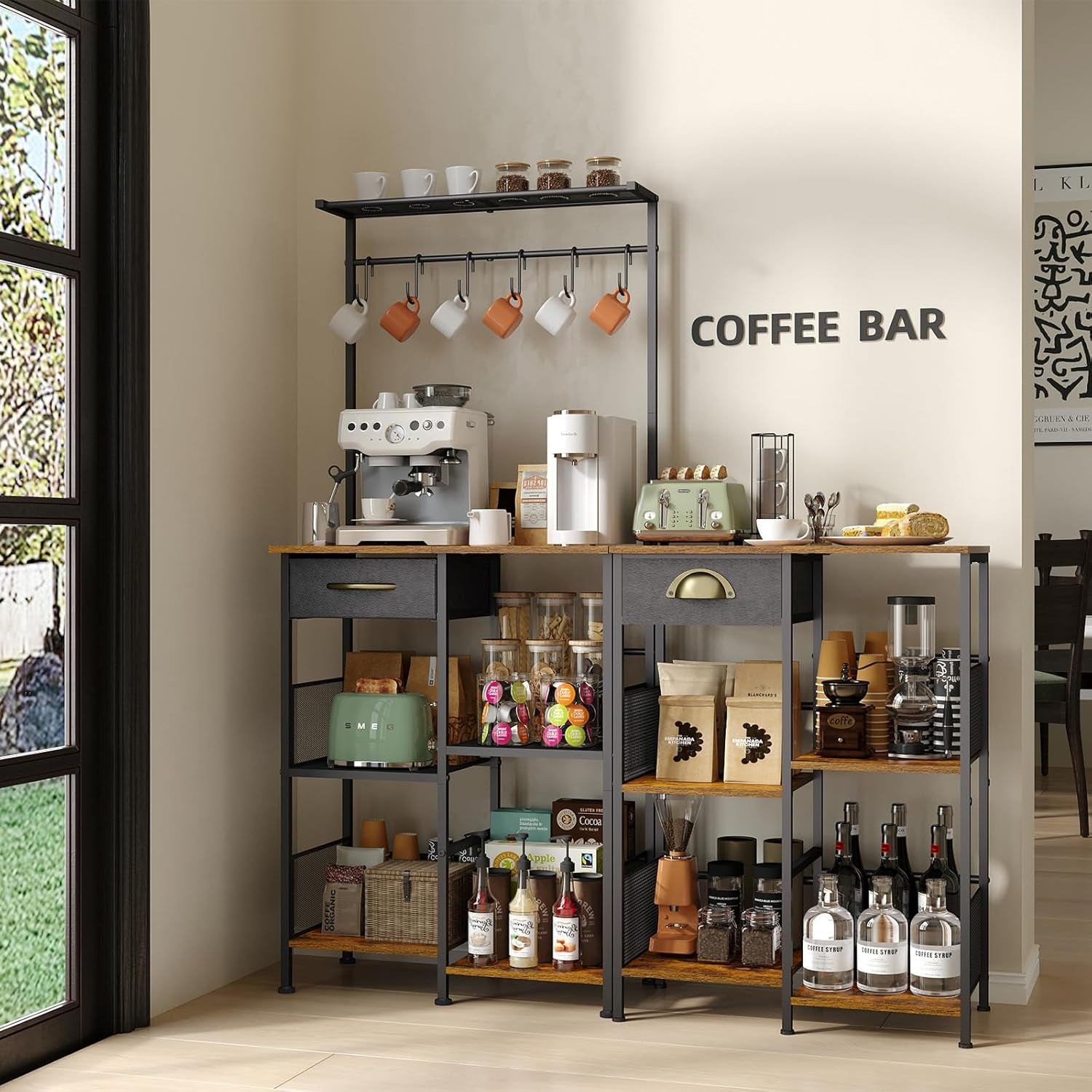 Coffee Bar Stand Station with Storage Drawer, Extended Worktop Coffee Table, Farmhouse Corner Bar Cabinet for Small Spaces, Barkers Rack & Home Bar for Entryway, Living Room