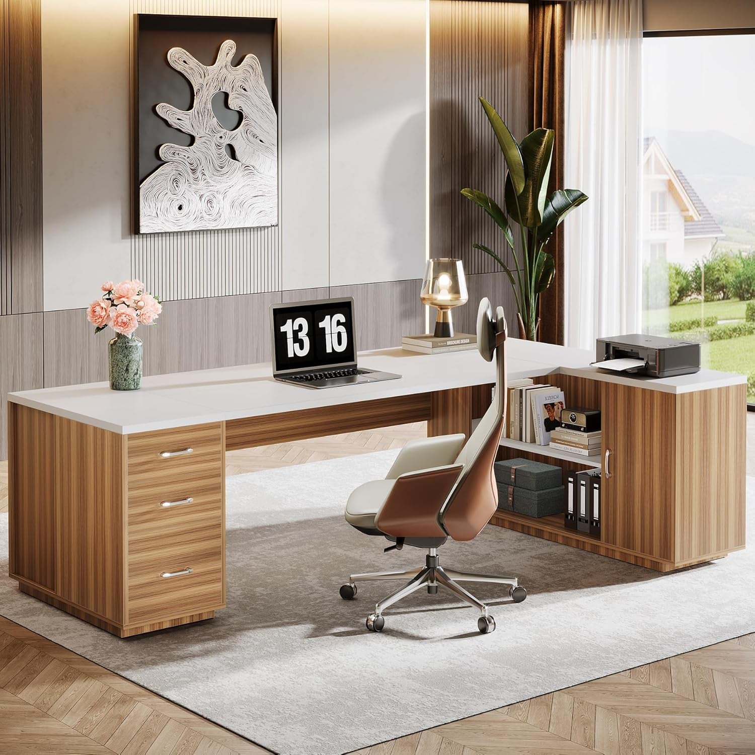 85.8-Inch L-Shaped Executive Office Desk with File Drawers & Storage Cabinet, Professional Corner Computer Desk Extra Large Business Workstation with Adjustable Shelves (White&Walnut)