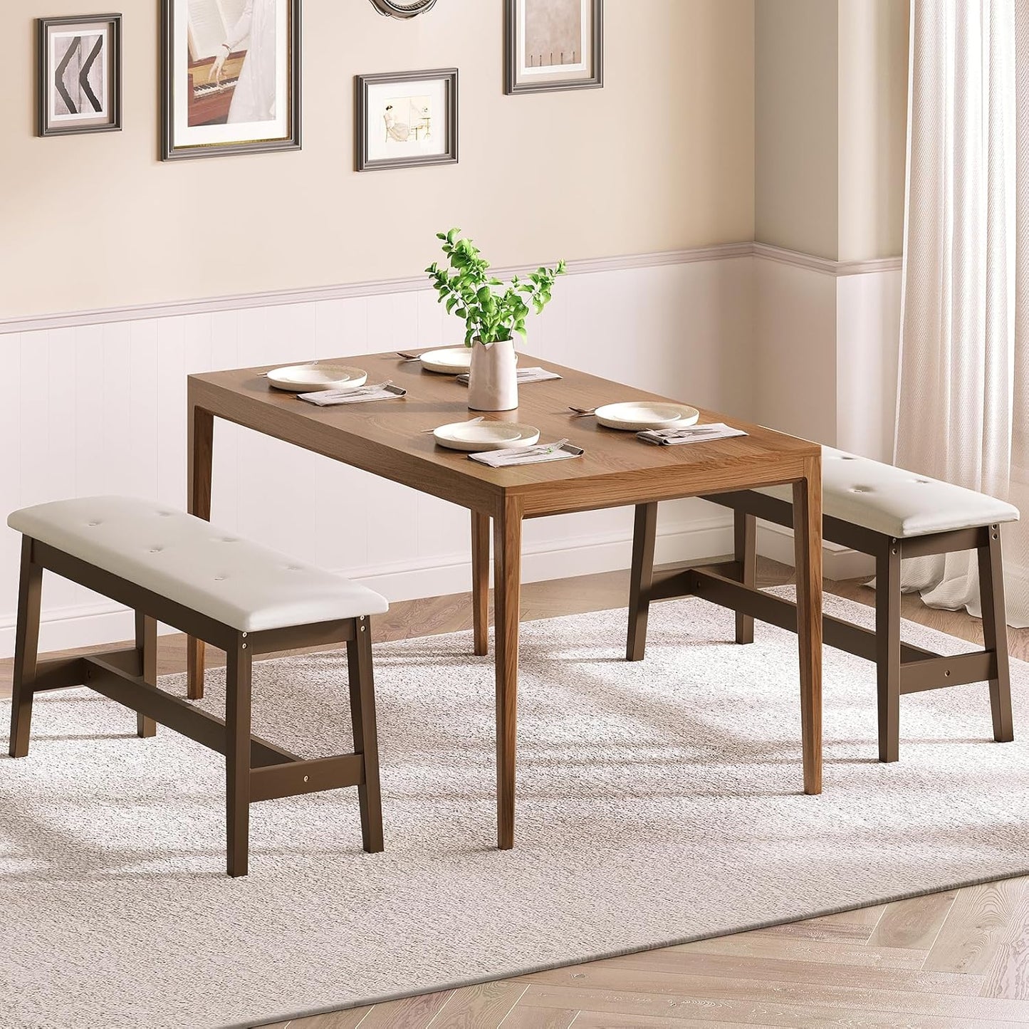 Dining Bench, Bamboo Dining Room Bench with PU Leather Upholstered Seat, for Kitchen, Living Room, Hallway, Kitchen, Entryway, Beige and Brown CE13CD01