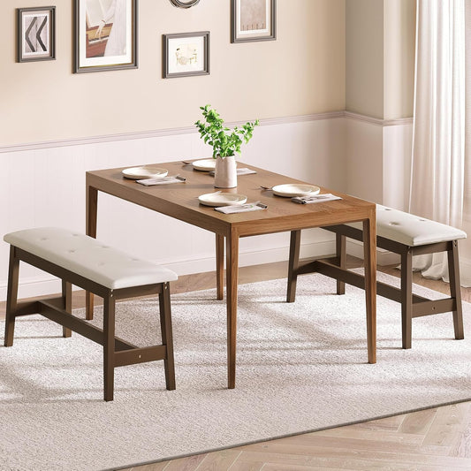 Dining Bench, Bamboo Dining Room Bench with PU Leather Upholstered Seat, for Kitchen, Living Room, Hallway, Kitchen, Entryway, Beige and Brown CE13CD01