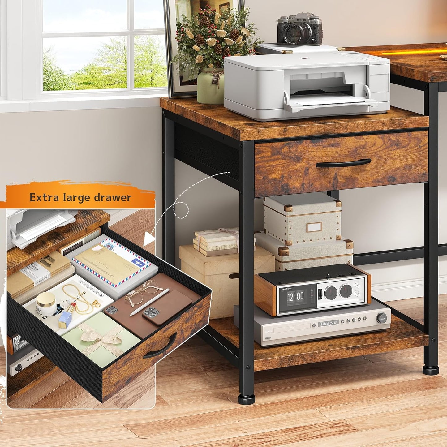 48.1 Computer Desk with Drawers & Printer Shelf,Gaming Desk with LED Lights & Power Outlet,Office Desk with Headphone Hook,Reversible Corner Work Desk for Small Space,Carbon