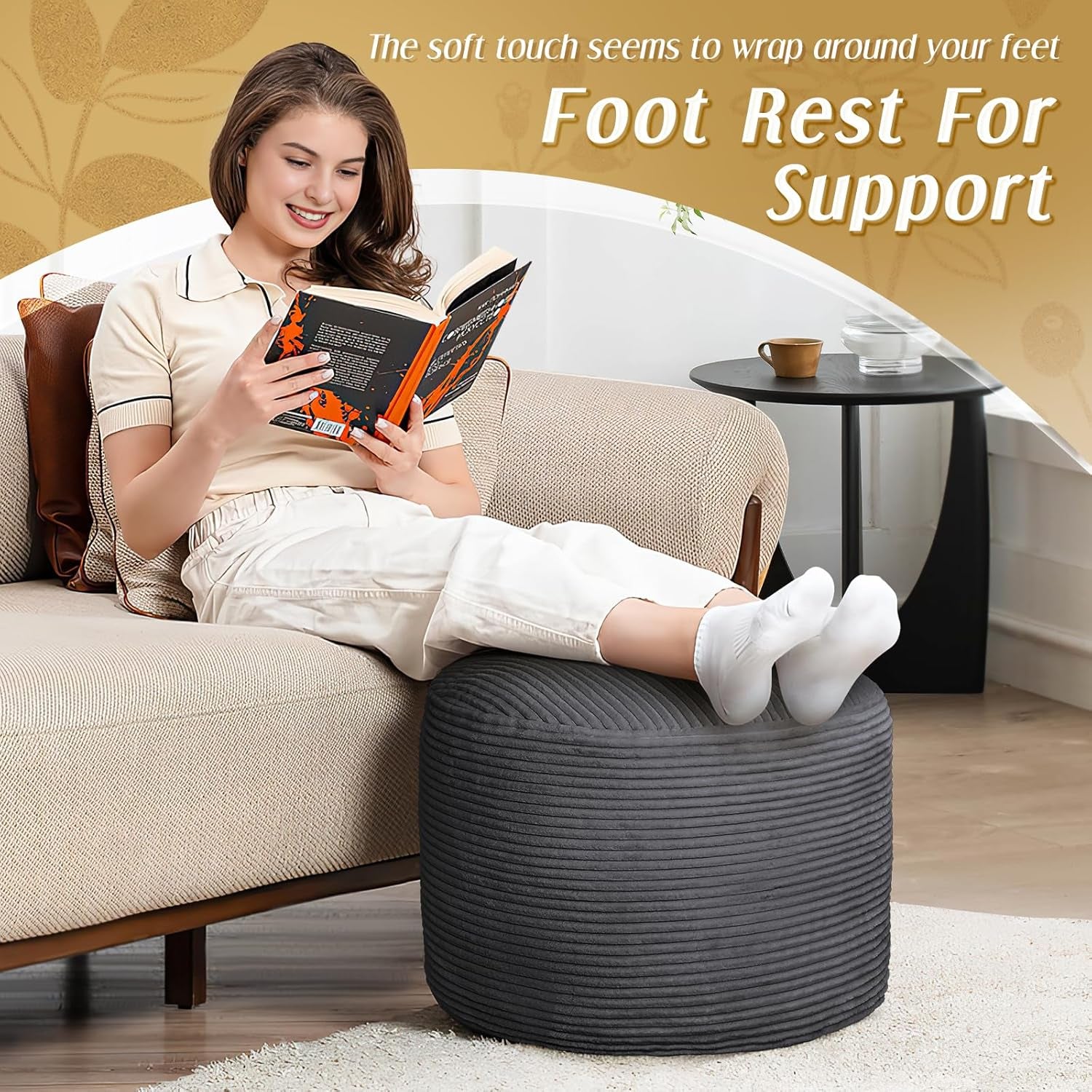 round Ottoman Foot Rest Pouf for Living Room Couch - Soft Plush Hassock