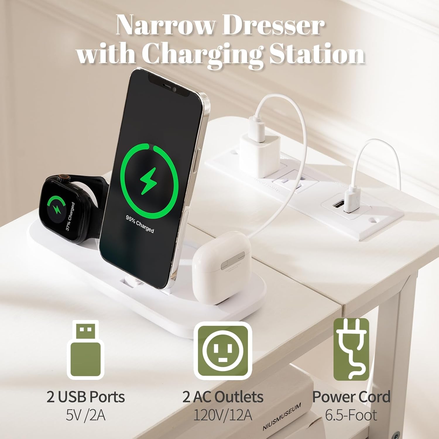 Narrow Dresser for Bedroom, LED Slim Nightstand with Charging Station, Small Dressers Chest of Drawers, Narrow Side Table End Table Tall Skinny Cabinet Night Stand for Small Spaces, White