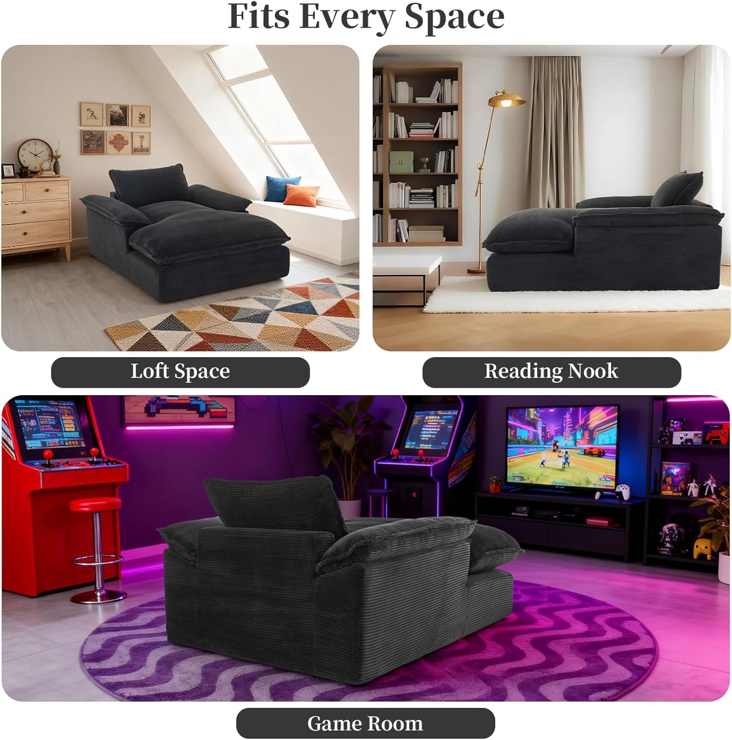 Oversized Chaise Lounge Chair Indoor, 67" Boneless Chaise Lounge with Extra Deep Seat, Comfy Corduroy Upholstered Sleeper Sofa Bed, Cozy Fluffy Single Sofa Armchair for Living Room, Black