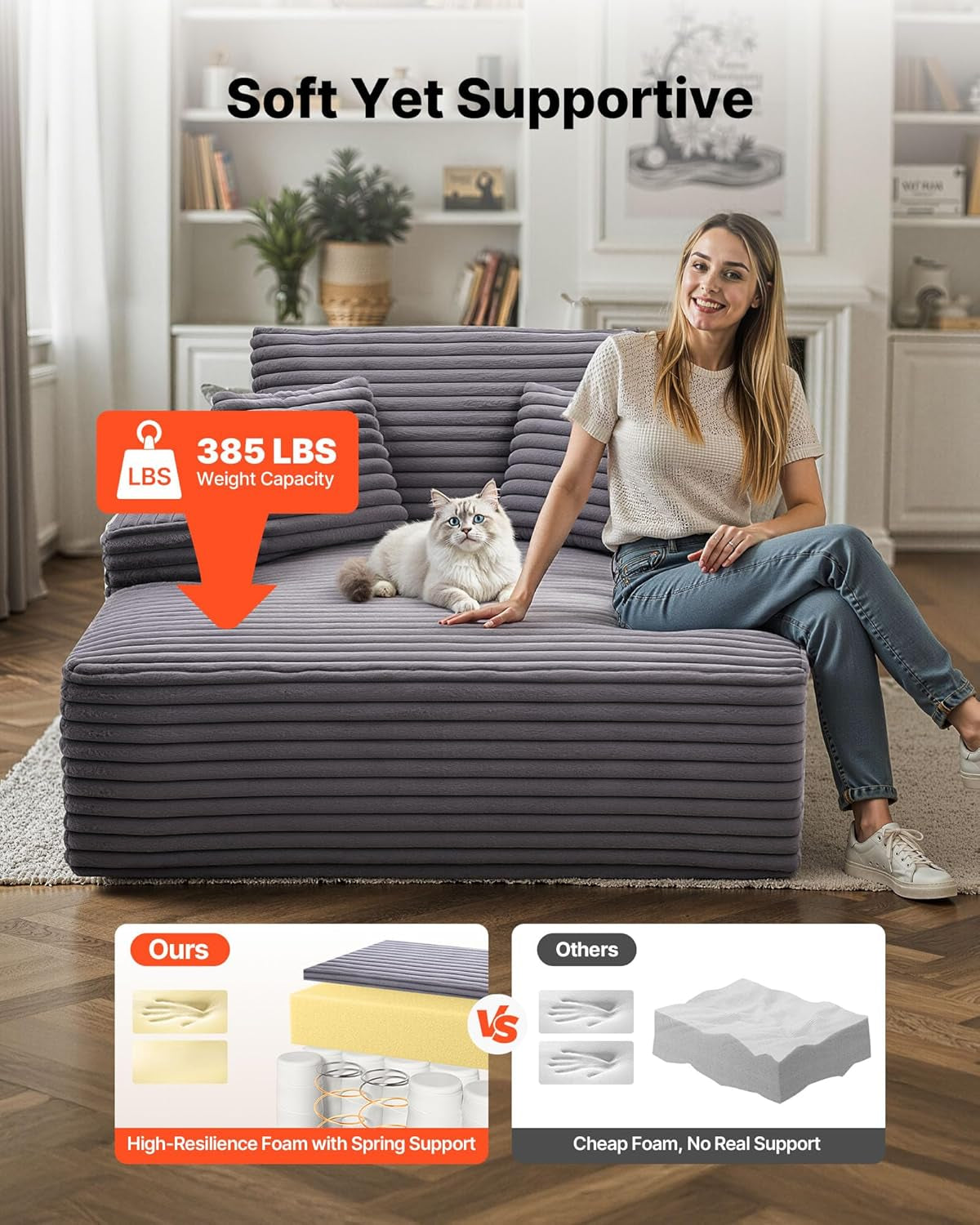 Chaise Lounge Chair, 48 in Boneless Chaise Lounge Indoor, Modern Upholstered Oversized Reading Chair with Throw Pillows & Armrests, Sofa Couch Deep Seat Sleeper for Living Room, Bedroom, Balcony