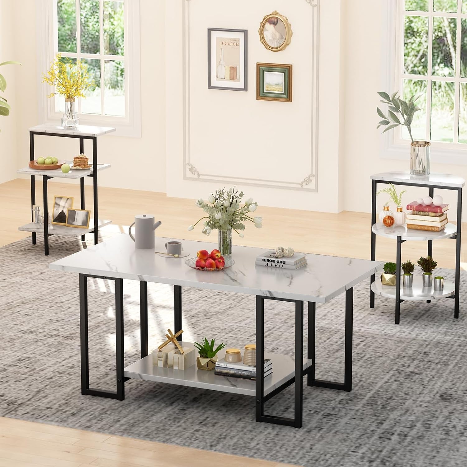 Faux Marble Table Set,Coffee Table & 2 Side Table, Faux Marble Tabletop and Metal Frame, 3 Piece Table Sets, for Living Room Apartment,White & Black