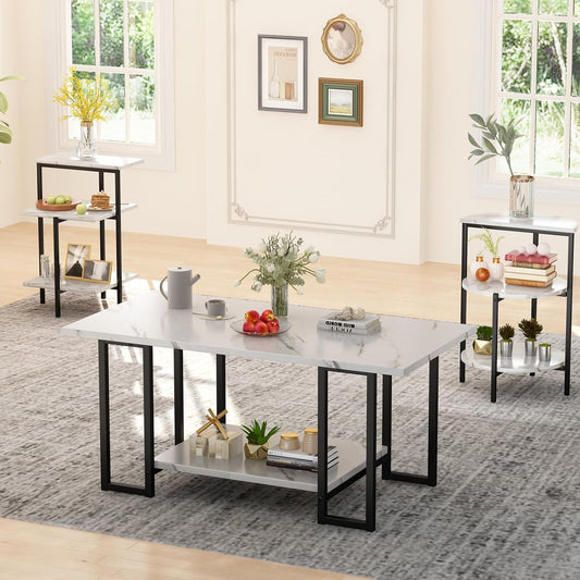 Faux Marble Table Set,Coffee Table & 2 Side Table, Faux Marble Tabletop and Metal Frame, 3 Piece Table Sets, for Living Room Apartment,White & Black
