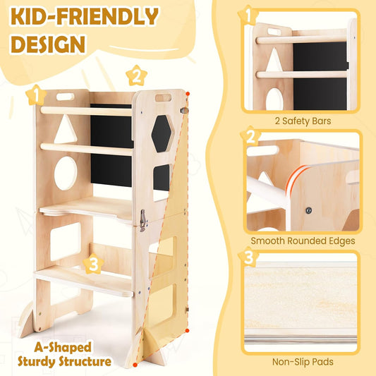 4-In-1 Toddler Kitchen Step Stool, Foldable Learning Standing Tower with Blackboard, Wooden Kitchen Stool Helper for Kids, 1-3 Year Old Boy Girl Gifts