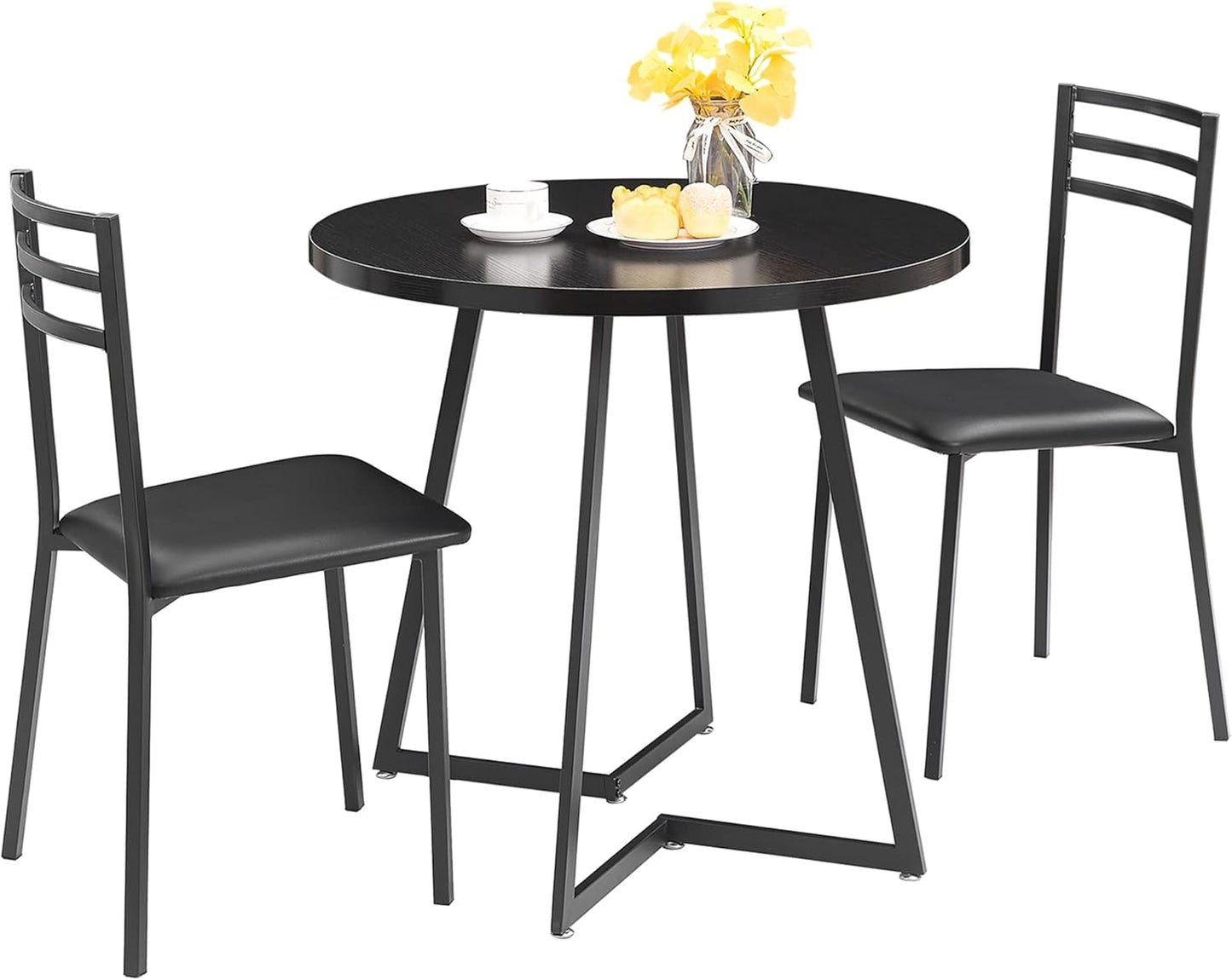 3 Piece Kitchen Dining Room Set, Wood round Table for Breakfast Nook Small Space, Dinette with 2 Cushioned Chairs, Matte Black
