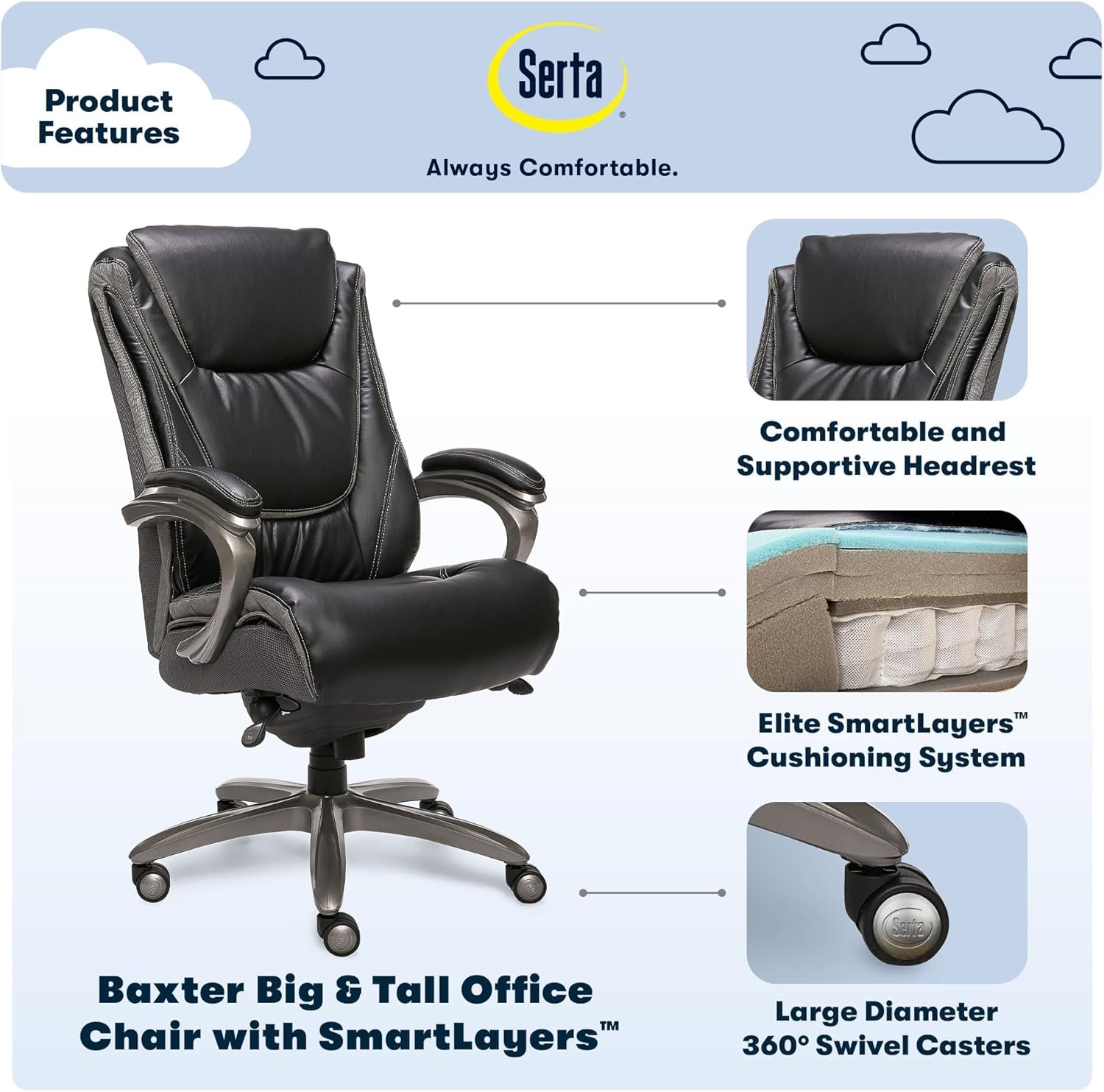 Baxter Big and Tall Smart Layers Executive Office Chair with Comfortcoils, Ergonomic Computer Chair with Layered Body Pillows, Black & Gray Bonded Leather