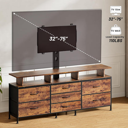 TV Stand with Mount, 63" Entertainment Center for 32/45/55/60/65/70 Inch Tvs, Media Console Table with 7 Drawers, Height Adjustable Mount, Dresser TV Stand for Living Room, Rustic Brown