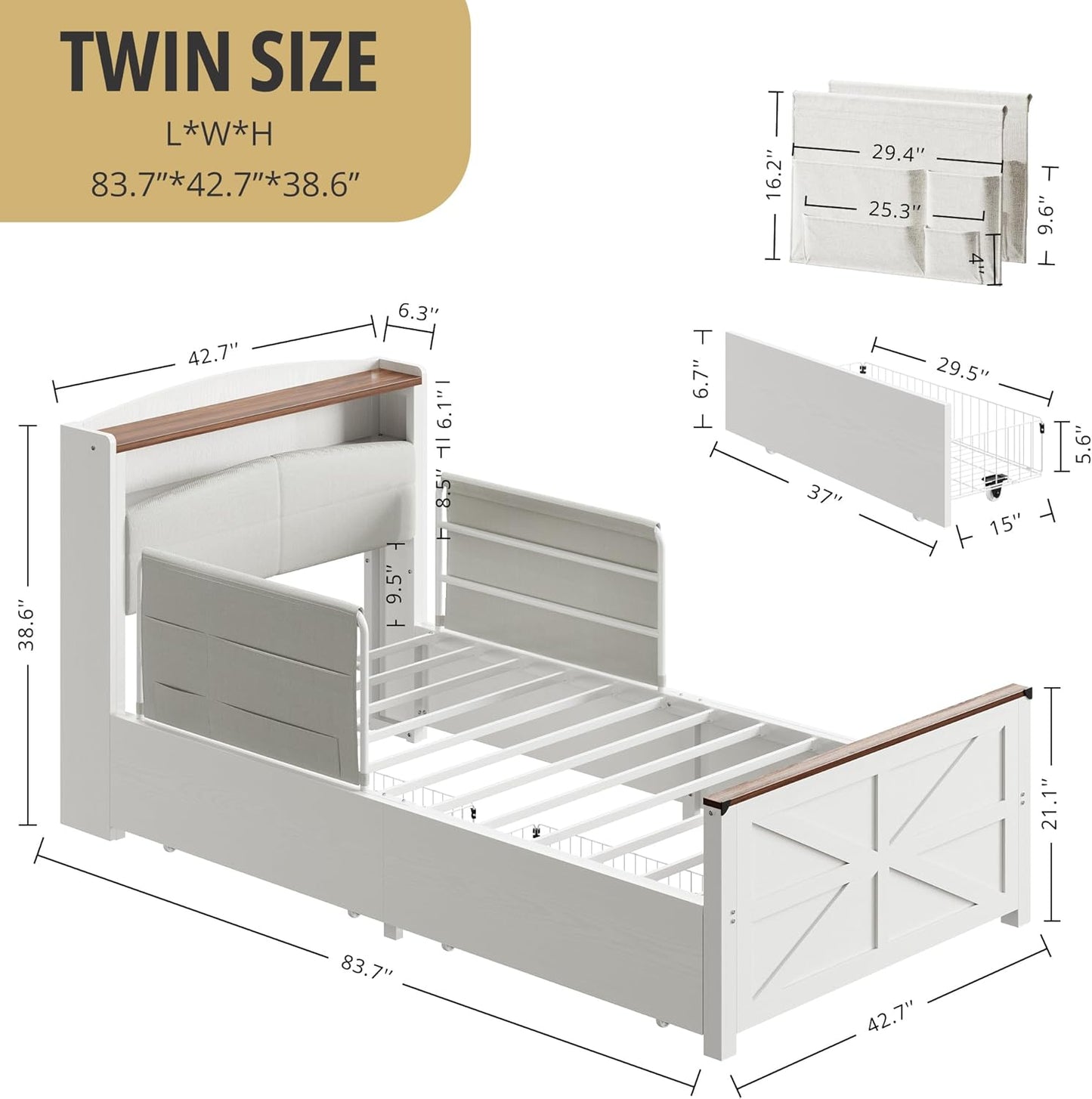 Twin Bed Frame with Rails, Farmhouse Platform Bed with 2 Drawers, Upholstered Storageheadboard & Charging Station for Boys Girls Teens, No Box Spring Needed, White/Walnut