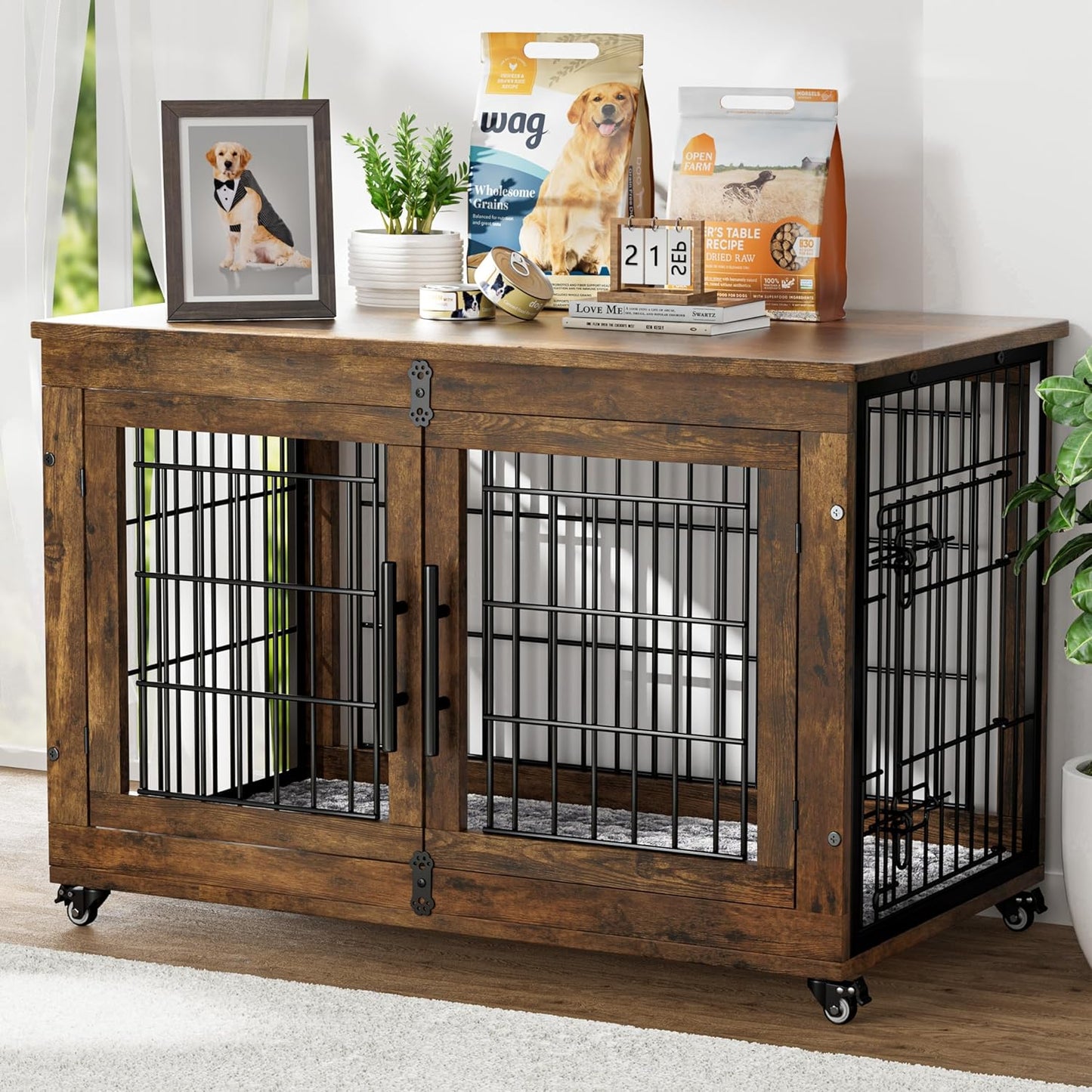 Dog Crate Furniture with Cushion, Large Wooden Dog Kennel Indoor with Double Doors, Dog Cage with Wheels, Dog House Side End Table for Large Medium Dogs up to 70 Lb, 38.5” L, Grey