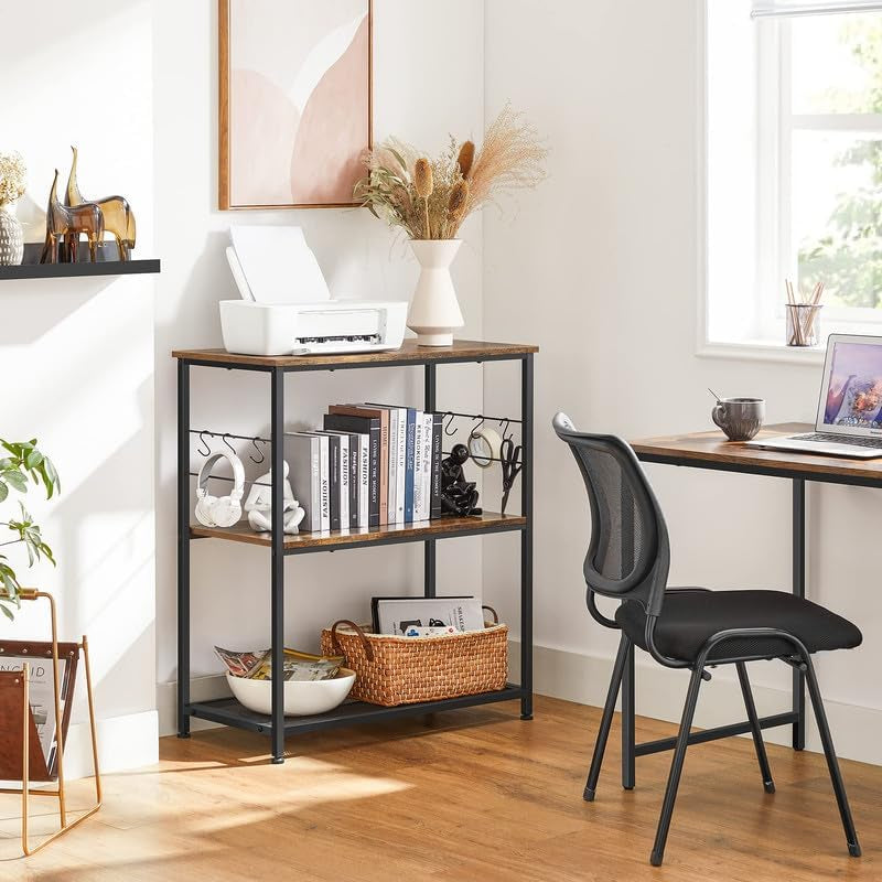Bakers Rack, Kitchen Shelf, Kitchen Island, Microwave Oven Stand with 3 Open Shelves, 6 Hooks, Metal Frame, 15.7 X 31.5 X 35.4 Inches, Industrial, Rustic Brown and Black UKKI002B01