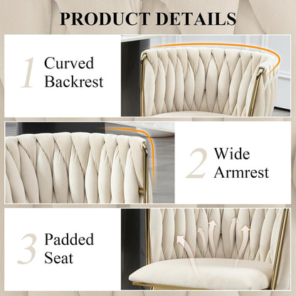 Modern Velvet Dining Chairs Hand Weaving Accent Chairs Living Room Chairs Upholstered Side Chair with Golden Metal Legs for Dining Room Kitchen Vanity Living Room (Ivory)