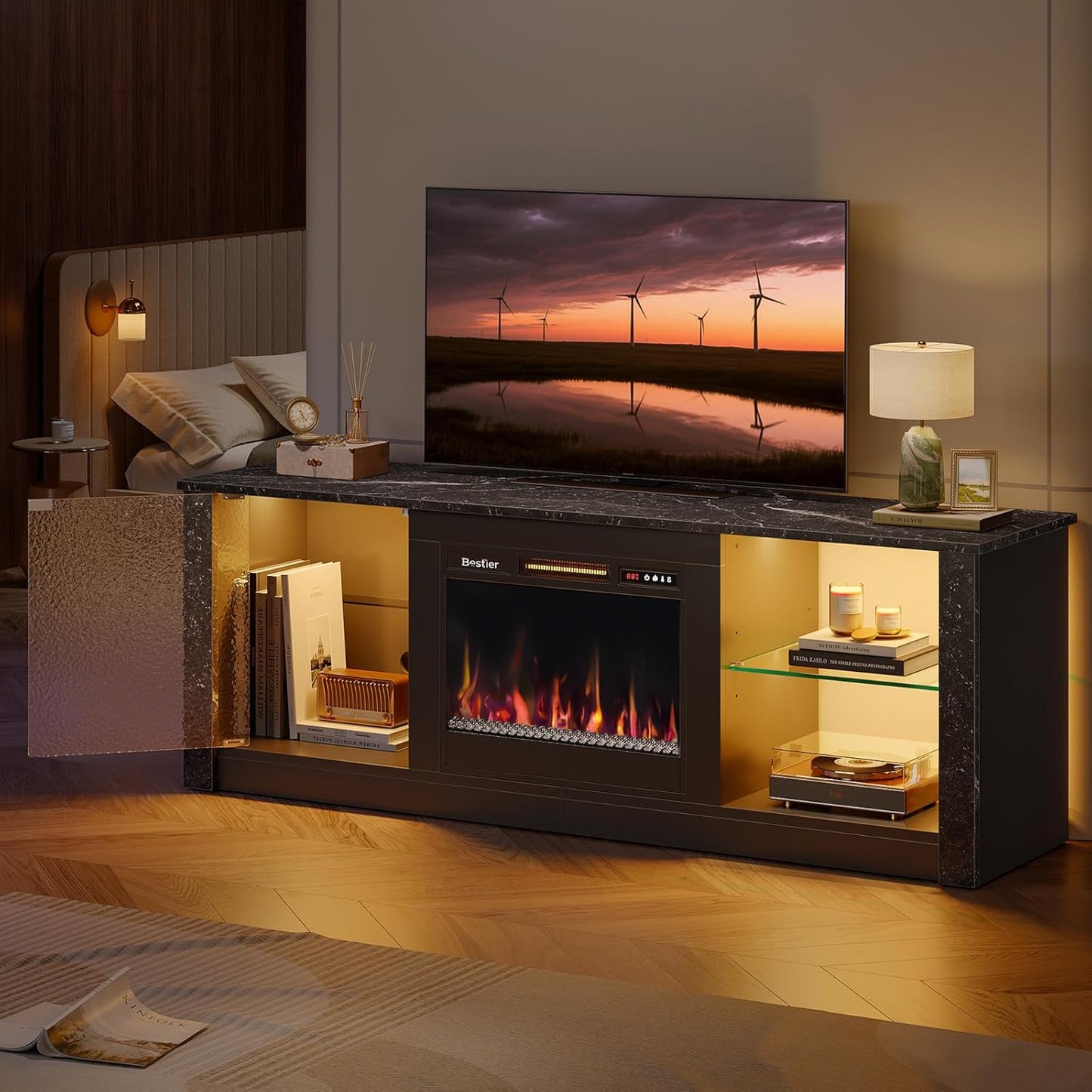 63" Modern Fireplace TV Stand for Tvs up to 70", Electric Entertainment Center with Adjustable LED Storage Cabinets, Textured Door, Farmhouse Media Console for Living Room, Black Marble