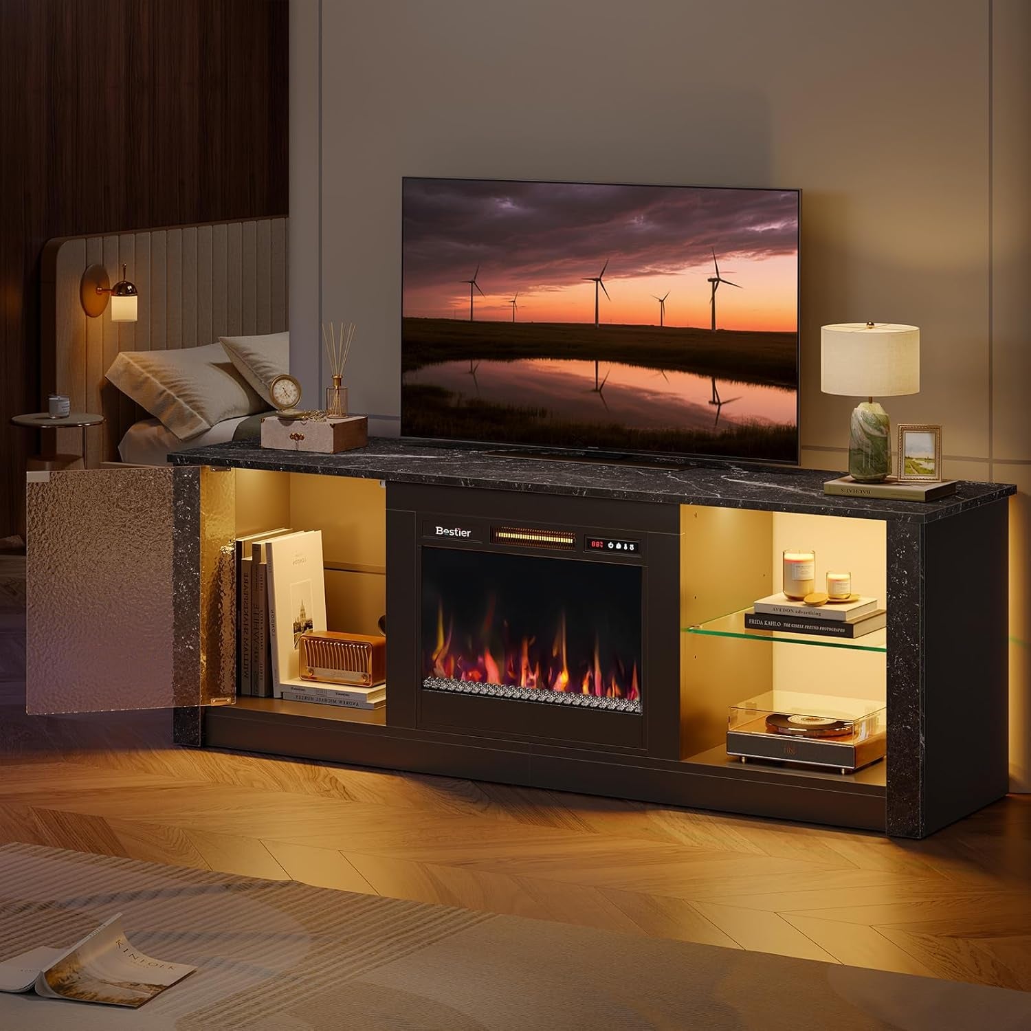 63" Modern Fireplace TV Stand for Tvs up to 70", Electric Entertainment Center with Adjustable LED Storage Cabinets, Textured Door, Farmhouse Media Console for Living Room, Black Marble