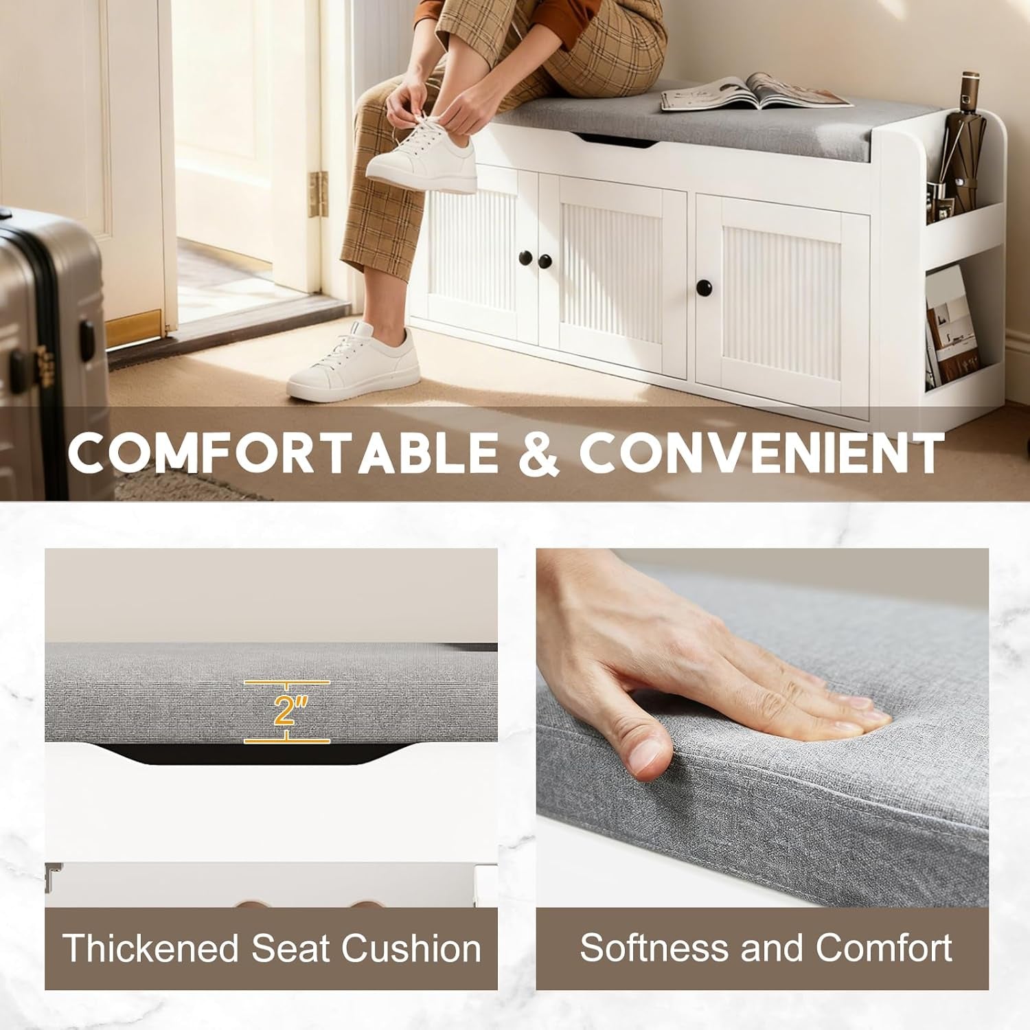 42.6" Storage Bench - Entryway Shoe Bench with Side Storage Shelves and 3 Doors, Multifunctional Entryway Bench with Lift Top Cushion, Shoe Storage Bench for Bedroom, Living Room, White