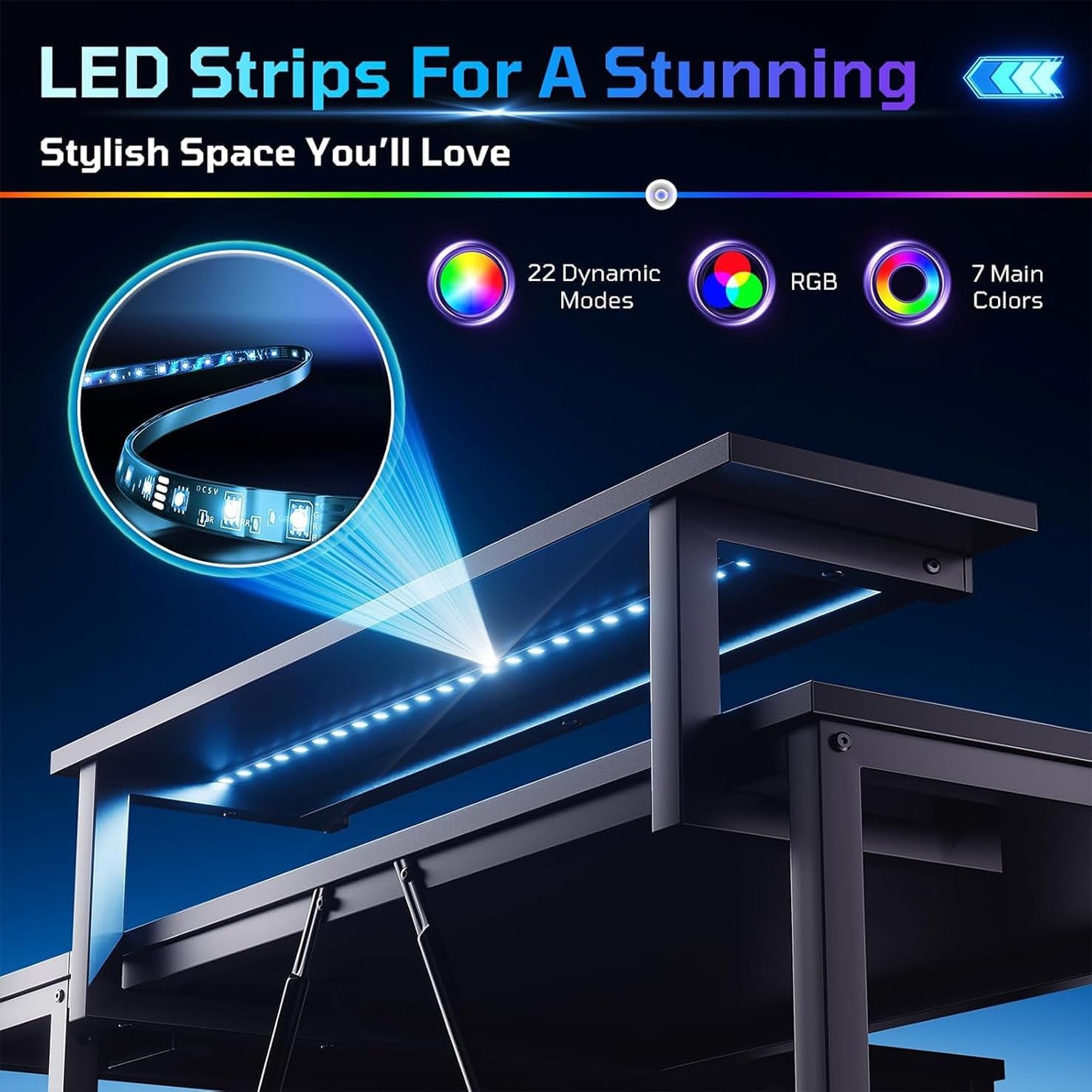 Gaming Desk with Power Outlets, 42" L-Shaped Computer Desk with LED Lights, Desk with Reversible Storage Shelves & Hooks for Small Spaces, Bedrooms & Offices, Black Carbon Fiber