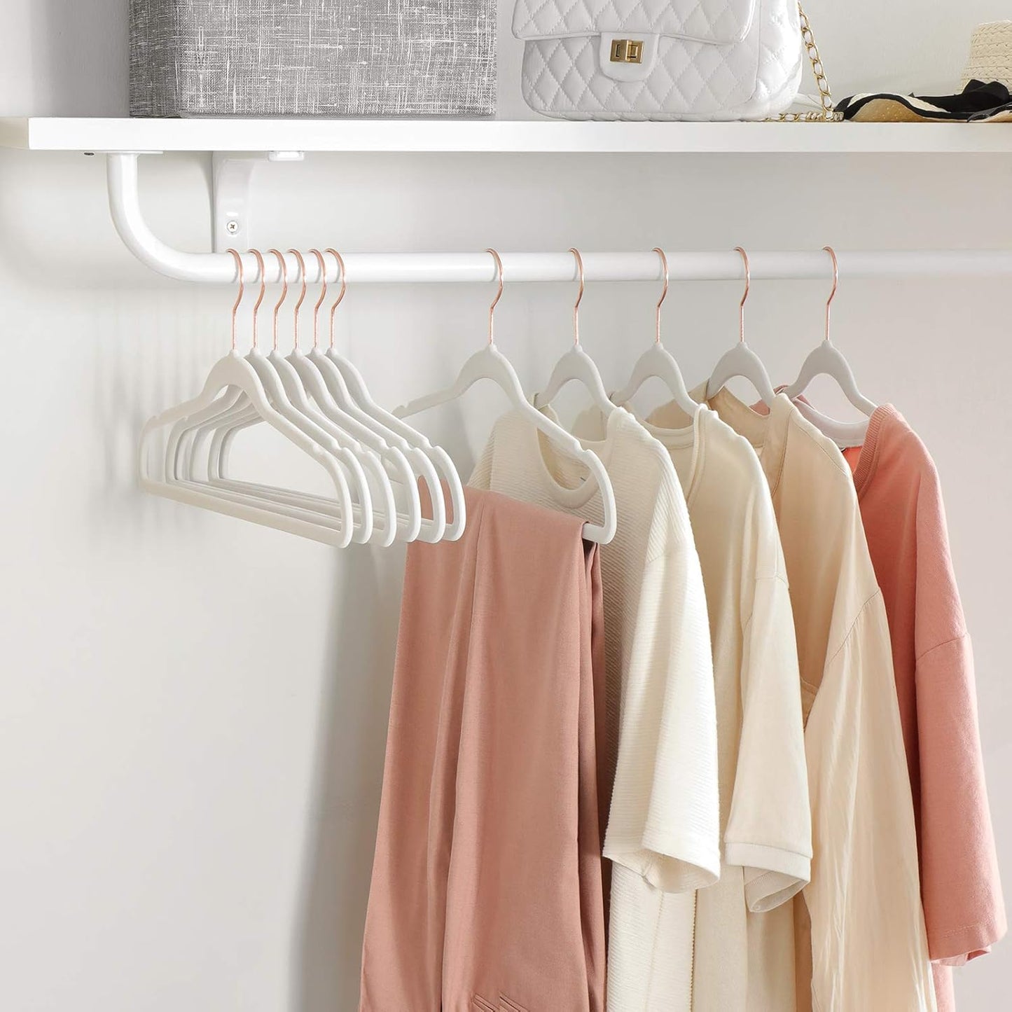 Slim Velvet Hangers, Non-Slip Clothes Hangers with Rose Gold Swivel Hooks, Space-Saving, for Closet, 50 Pack, White UCRF026W03